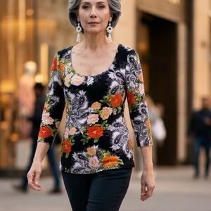 BOSTON PROPER SO SEXY SCOOP NECK PAISLEY FLORAL PRINT TOP